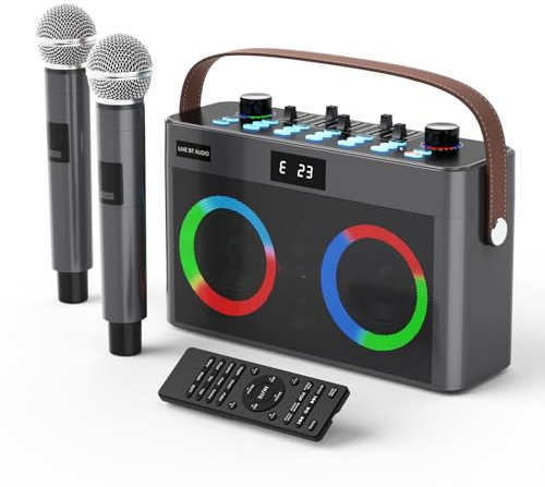 MT-VIKI Audio Mixer Bluetooth Karaoke Maschine Lautsprecher mit 2 drahtlosen Mikrofonen + Handschlaufe, LED-Lichter, TF-Karte, AUX-in für Home Party, Picknick, Auto, Outdoor/Indoor