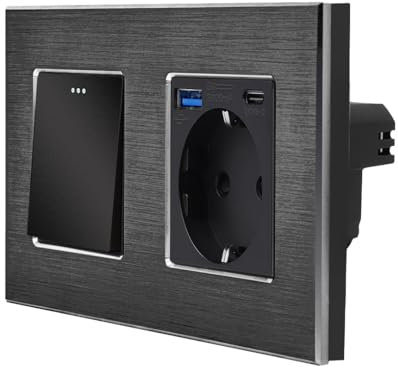 Luxus-Time Wippschalter Steckdose USB-A/C Schuko Einbau UP 20W Schnellladefunktion Wechsellichtschalter Mehrfachstecker 2-fach (Aluminiumrahmen Lichtschalter mit USB-A/C Steckdose, Schwarz)