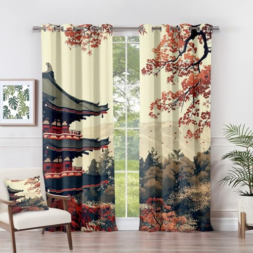 Vorhänge Japanische - Japan Herbstlandschaft Kirschblüten Fenster Gardinen mit Ösen, Vorhang Blickdicht Verdunklungsvorhänge Thermovorhang für Wohnzimmer Deko 2er Set, H 166 x B 75 cm K#-280