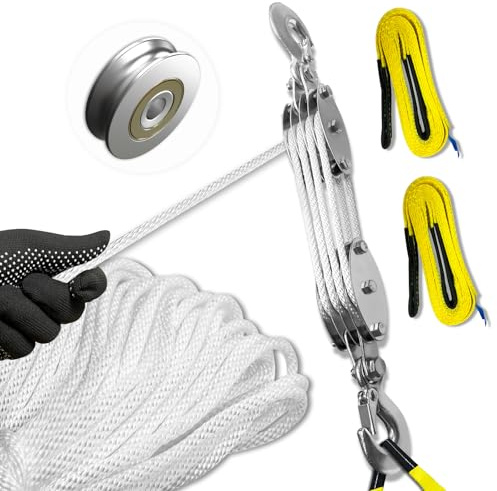 SALIFTFE Block and Tackle Pulley System, Upgraded 4-Wheel Rope Pulley Hoist with 2 Lift Sling Straps, 8:1 Lifting Power, 2200 lbs. WLL with 65Ft of 1/4” Rope, Compact Rope Hoist for Garage and Hunting