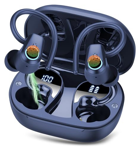 Poounur Wireless Earbuds, Bluetooth 5.4 Headphones with 4 ENC Noise Canceling Mic, 50H Stereo Sport Ear Buds with Earhooks, Dual LED Display Wireless Earphones, IP7 Waterproof Headphones, Vivid Blue