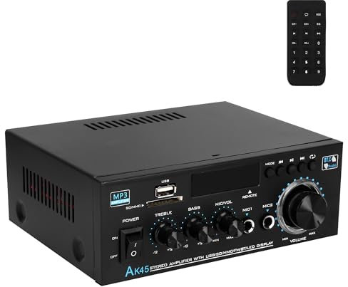 Vehoukli Hi-Fi Stereo Bluetooth Amplifier 5.0, 300Wx2 2 Channel Audio Amp with USB SD RCA FM Mic IN Echo, LED Display, for Home Theater Car Speakers, 12V/230V UK Plug