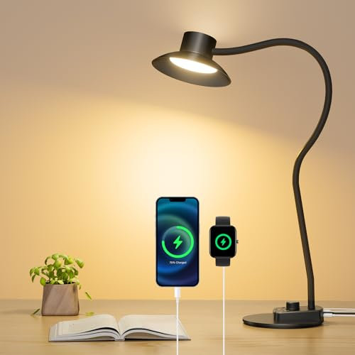 LED Desk Lamp with USB-C & USB-A Charging Ports, 5 Color Modes & Stepless Dimming, 1400LM Adjustable Bedside Reading Light with Flexible Gooseneck, Perfect for Study, Home Office, Crafts, Draw