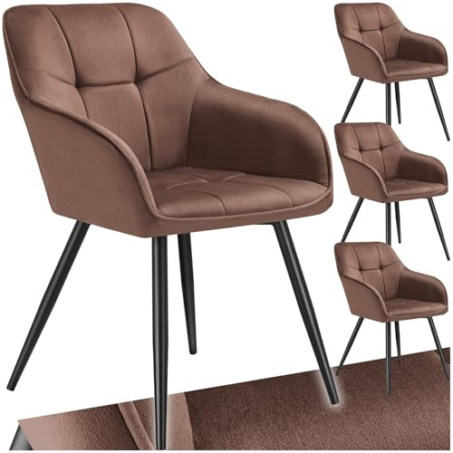 tectake® Samt Stuhl, Esszimmerstuhl mit Stepp Samtstoff, Küchenstühle modern, gemütlicher Sessel Wohnzimmer, Armlehnstuhl Esszimmer, Dining Lounge, Schminktisch Stuhl - braun/schwarz, 4er Set