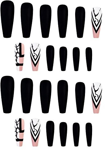 Nail Wraps False Nail Patch Removable Black Ballet Nail Press On Nails For Women Line Coffin Nail A Girl Who Beauty False Nail Sets (Black, One Size)