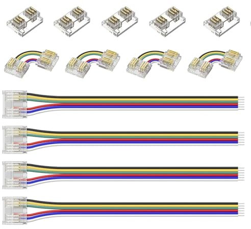 12mm 6-Pin RGB+CCT COB LED Connector Kit – 5pcs to-Strip, 4pcs L-Shaped Corner, 4pcs 10cm to-Wire Extension, Compatible with FCOB 6-Pin RGB+CCT LED Strips