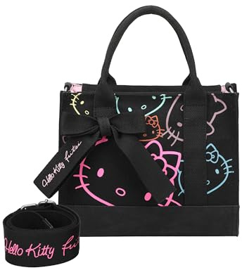 Fritzi x Hello Kitty Izzy09 Limited Outline Canvas Crossbody Damen Umhängetasche Canvas Reißverschluss Innenf. Steckfach Freizeittasche Gurt Alltag Reisen Freizeit 21 x 26 x 9 cm – Beige, Schwarz