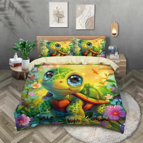 TKCQX Bettbezug 135x200 Schildkröte Cartoon Tiere Bettwäsche Kinder Junge Mädchen Bettbezu Set Grün Schildkröte Kinderbettwäsche aus Mikrofaser mit Kissenbezug 80x80 cm