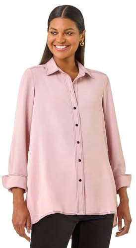 Roman Shirt for Women Ladies Cotton Blouse Button Through Tunic Printed Top Work Long Sleeve Smart Casual Going Out Work Office V Neck Everyday Evening Event - Plain Light Pink - Size 16