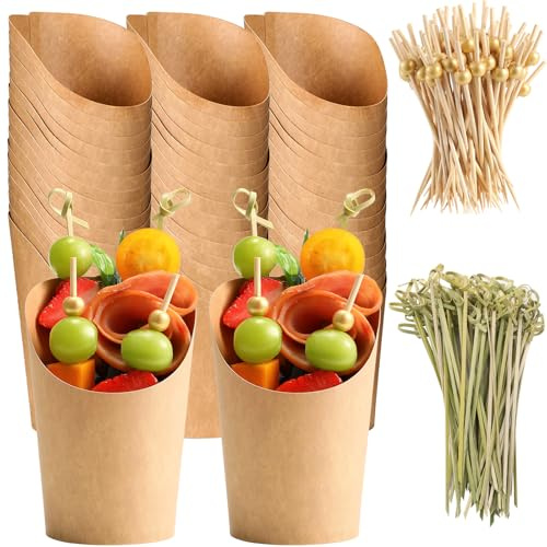 60 PCS Charcuterie Cups with Skewers, 14 Oz Paper Snack Appetizer Cups | Disposable Popcorn Cones Set with Cocktail Toothpicks Tooth Picks, French Fry Holder Brown Kraft(60Cups + 200 Picks)