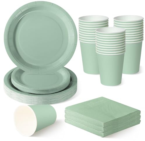 120 Piezas Verde Salvia vajilla desechable cumpleaños para 30 Invitados | 18 y 23 cm platos carton, vasos de papel, servilletas, boda boho, jardín, merienda campestre.