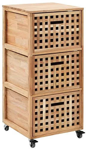Runheo Badschrank 41x41x91 cm, Massivholz Walnuss, mit 3 Körben, auf 4 Rollen, Badezimmer Rollcontainer für Handtücher, Badzubehör, Robuster Holz Schrank für Zuhause
