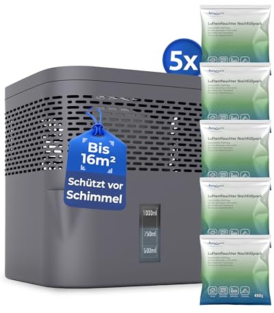 BonAura® AirOne Lite Luftentfeuchter ohne Strom bis 33m² I 360° Belüftung I Raumentfeuchter mit Ausgießer & 5 x 450g Luftentfeuchter Granulat I Schimmel- und Geruchsschutz I Raum Entfeuchter Keller