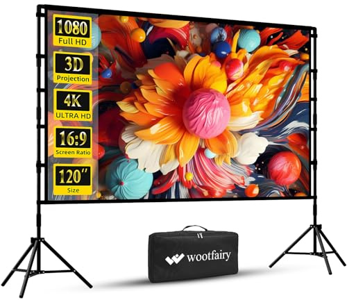 Wootfairy 120 inch Projector Screen and Stand with Carry Bag 4K HD Screen | Foldable Portable Projection Screen 16:9 4K HD Rear Front Wrinkle-Free Movie Screen for Indoor Outdoor Home Theater Backyard