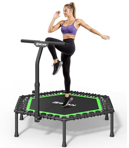 BCAN Fitness Trampolin Indoor Ø 122/130 cm, Trampolin Erwachsene bis 250 kg, Bodentrampolin mit verstellbarem T-Griff & 42 Gummiseilen, Leise & vibrationsarm