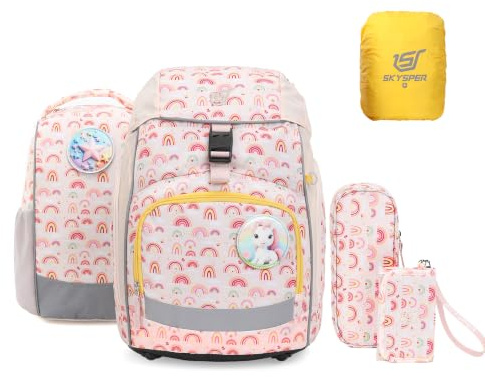 SKYSPER Schulranzen-Set 5-teilig, Schulrucksack Ergonomischer Tragesystem | Schulranzen mit Regenhülle, 360 Grad Reflexstreifen, für Mädchen Jungen Kinder 1. klasse Outdoor Aktivitäten