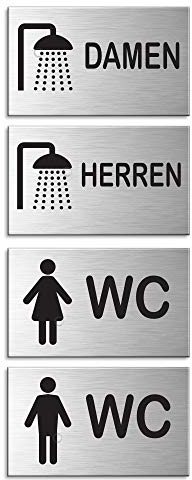 Türschild Toilettenschild Duschraumschild 4er-Set Dusche Damen Dusche Herren WC Damen WC Herren Aluminium Edelstahlschilder-Optik 60x100 mm Sparversand Nr.44675-S
