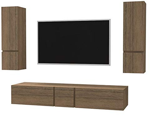 Parete attrezza per soggiorno Vesuvio in legno, libreria, mensola porta tv, colonne e pensili sospesi, arredo casa living design in diversi colori (Noce)