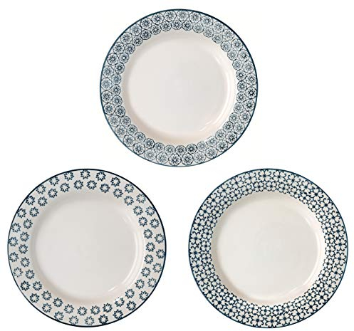 BLOOMINGVILLE Platos de Sopa Kristina - Plato soperos de Loza Ø 24 x H 4 cm, Azul, Cerámica, Juego de 3, Capacidad 400 ml
