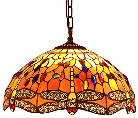 Bieye L30715 Libelle Tiffany Stil Glasmalerei Deckenpendelleuchte mit 16 Zoll breiten handgefertigten Lampenschirm, Orange