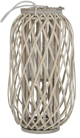 ECD Germany Laterne Ried 50xØ28 cm mit Henkel, Natur Grau/Braun, Holz Flechtoptik Rattan Windlicht mit Glaseinsatz, Retro-Laterne Korbgeflecht, Handgeflochtene Gartenlaterne Kerzenhalter Kerzenständer