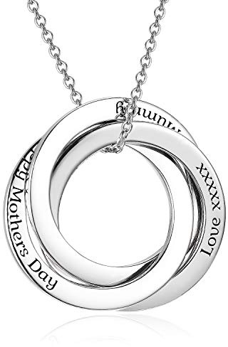 SOULMEET Sterling Silber Russischer Ring Halskette Gravierter Name Ineinandergreifende Halskette Benutzerdefinierte 3 Kreise Disc Geschenk für Mama Frau Freundinnen (Silber Farbe, Sterling Silber)