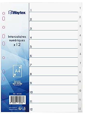 WAYTEX 931345 Register A4, 12 Tasten, mit Zahlen von 1 bis 12, Polypropylen, Weiß mit Indexen