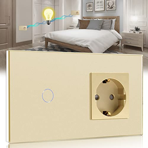 BSEED Touch Lichtschalter mit Steckdose mit LED Anzeige 1 Fach 2 Weg Berühren Sie Das Sensorfeld Touchscreen Wandsteckdosen LED Lamps Gold(Nicht Smart Schalter)