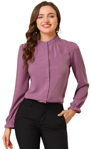 Allegra K Blusa De Chifón con Cuello Levantado Y Volantes De Manga Larga con Cierre De Botones para Oficina Y Trabajo para Mujer Fucsia XL