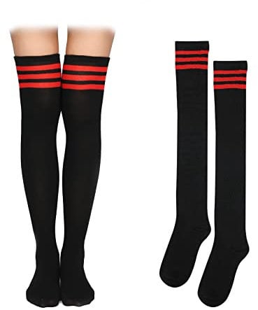 KINBOM 1 Pair Thigh High Socks, Cotton Soft Knee High Long Stockings Women Leg Warmers for Halloween Wednesday Cosplay (Main Black, Red Stripe)