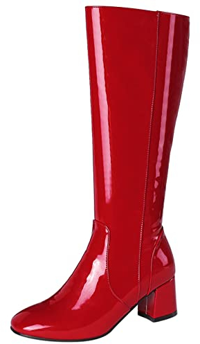 MJIASIAWA Donna Festa Vestito Knee Inverno Moda Vernice Stivali Equitazione Block Tacco Medio Warm Prom Square Toe Boots Zip Rosso Numero 38 EU/39 Asiatico