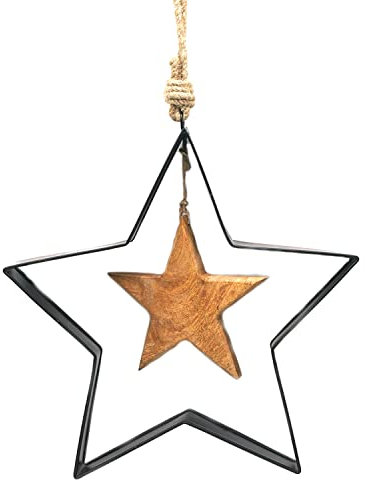 Stern aus Metall und Mangoholz zum Hängen 22cm & 11cm Ø inkl. Naturkordel schöne Dekoration Weihnachten Christbaumschmuck Schwarz und Holzfarben #16