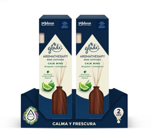 Glade Aromatherapy Varillas fragancia Calm Mind [Bergamot & Lemongrass], Líquido con Aceites Esenciales, 16 varillas de ratán, más de 90 días de duración. Pack de 2