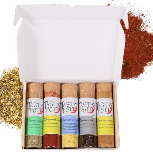 Tasty Pott Dank-Box I Bio Gewürz-Set I Geschenk Idee für Familie und Freunde I Würzig I Spices I Geschenk fertig I Gewürzmischungen I Gewürz im Glas I Geschenk Set (Beliebte Gewürze, Alles Gute!)
