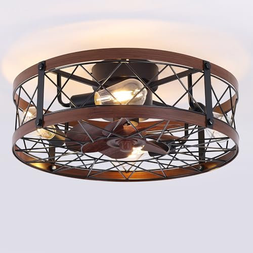 REDSTAR Flush Mount Ceiling Fan with Lights 20 Inch Small Leafless Ceiling Fans with Remote Control Rustic Flat Quiet Reversible Closed Ceiling Fan for Bedroom
