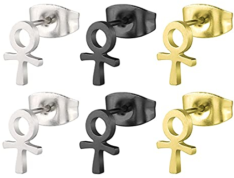 3 Paar Herren Ohrringe Edelstahl Ankh Ohrstecker für Männer 8mm Ohrstecker Silber Schwarz Gold