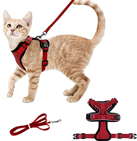 Monsully Katzengeschirr mit Leine, Katzenleine mit Geschirr für Katzen Verstellbares Katzengeschirr mit Reflektierenden Streifen Brustgeschirr für Kleine Mittelgroße Katzen, XS, Rot