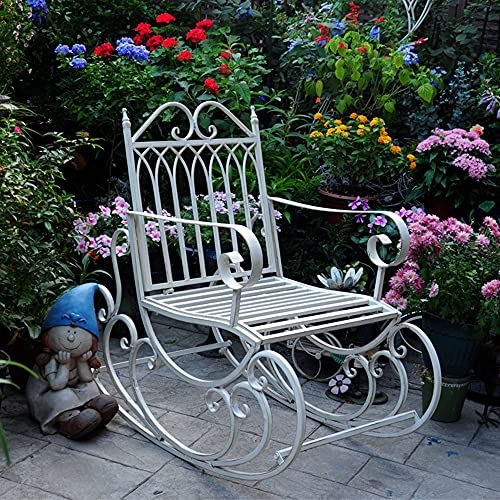 Retro Outdoor Garden Benches, Old Wrought Iron Rocking Chair, 440Lbs (200kg) Strong Load-bearing Garden Chairs, Patio Lounge Chairs, Sun Lounger, Sunbathing Chair,White