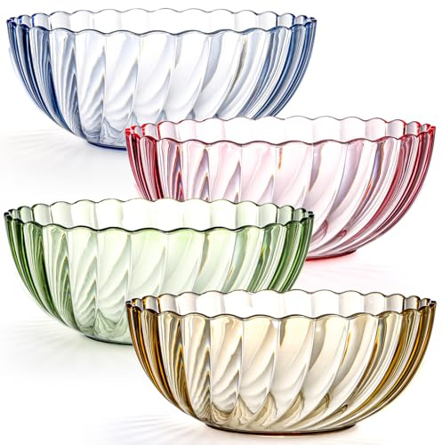 Fasmov 4 Pack Plastic Serving Bowls, Plastic Salad Mixing Bowls, 74oz Break Resistant Plastic Bowls for Salad, Fruit, Popcorn, Chip and Dip, Multicolor