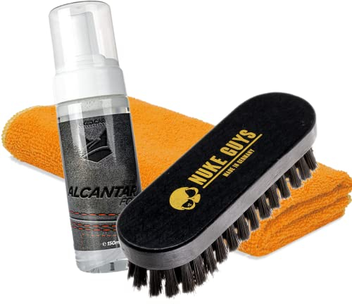 detailmate Alcantara Pflege Bundle - FoxedCare Alcantara Foam Alcantarareiniger 150ml + Nuke Guys Leder- und Textilbürste Premium Mikrofasertuch 320 GSM - Geeignet für alle Arten von Alcantara