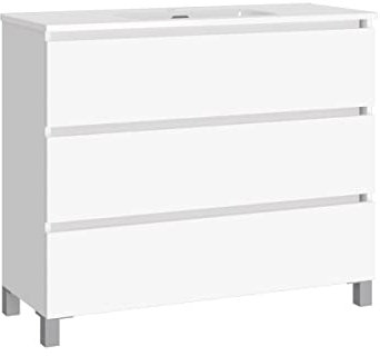 Baikal, Conjunto de baño Natura. Mueble de Baño de Fondo Reducido, con Lavabo cerámico. Distribución Tres Cajones. Mueble MONTADO. Tres Cajones sin Espejo. Fondo 39cm 90 cm Blanco