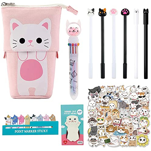 KKSJK Kinder Katzen Federmäppchen Set, 1 Katze Mäppchen, 1 Bunte Kugelschreiber, 6 Gelschreiber,62 Katzen Stickers, Sticky Notes, Geschenke für Mädchen