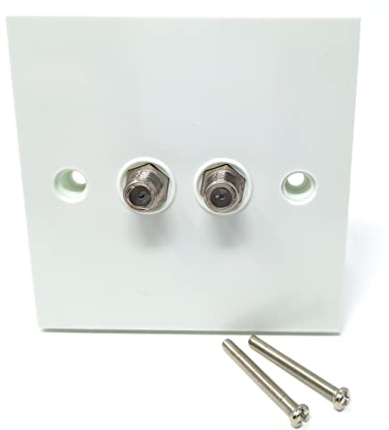 Twin Satellite, TV Outlet F-Type Male Screw Socket Connector, Wall Plate Faceplate, UK Standard, Single Gang, White (Twin F Socket, White)