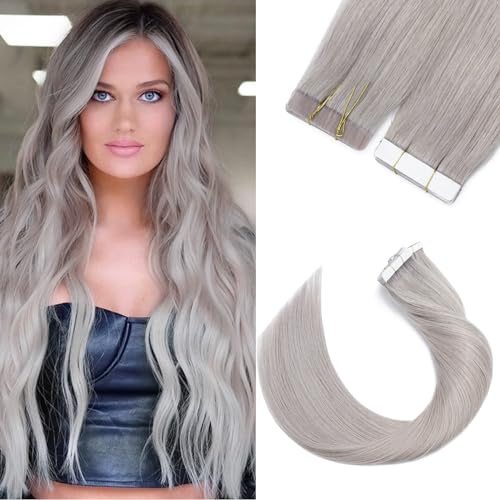 Silk-co Tape in Extensions Echthaar 20stk, leicht Version Tape Extensions Echthaar, Remy Haarextensions Tape in Haarverlängerung Kleber Skin Weft 30g GREY# Grau 45cm