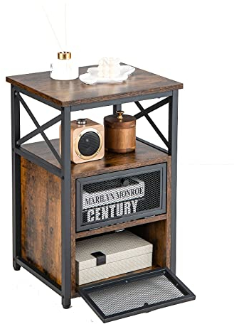 LIFEZEAL Table d'Appoint avec 2 Portes de Tiroir Grillagées,Table de Chevet en Bois, Bout de Canapé Style Vintage avec Compartiment de Rangement à 2 Niveaux, 40 x 35 x 60,5 cm,Marron Rustique (1)