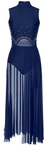 iEFiEL Damen Tanzkleid mit Strass Mesh Ballettkleid Ballett Trikotanzug Jumpsuit Tanzbody Overall Gymnastik Wettbewerb Tanzkostüm Navy blau S