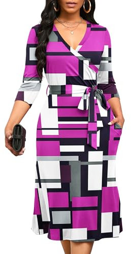 Runwind Women's Midi Dress,3/4 Sleeves V Neck Cocktail Party Dress Curvy Wrap Sexy Geometric Pattern Dresses with Belt, A-rose Red Geometry, XXL