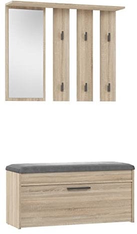 CDF Garderobe Parma | Farbe: Eiche Sonoma | Großer Spiegel | Kleiderbügel | Geräumiger Schuhschrank | Ideal für Diele, Flur | Praktische Ablagen | Modernes Design