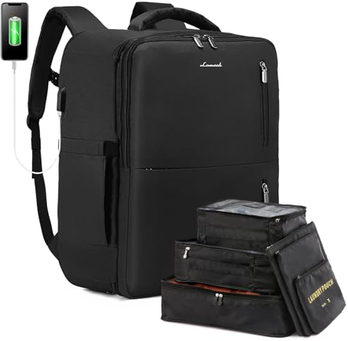 LOVEVOOK Handgepäck Rucksack, Reiserucksack Damen Herren, Travel Backpack mit Nassfach, Erweiterbarer Business Laptop Rucksack 18 Zoll, Handgepäck groß für Reise Arbeit Ferien, Schwarz