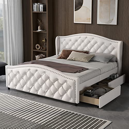 BTM Upholstered Bed 135 x 190cm, Double Bed with Slatted Frame, Guest Bed with Wood & Faux Leather, 2 Drawers and Headboard with Pull Point Rivets, 31303843AAW